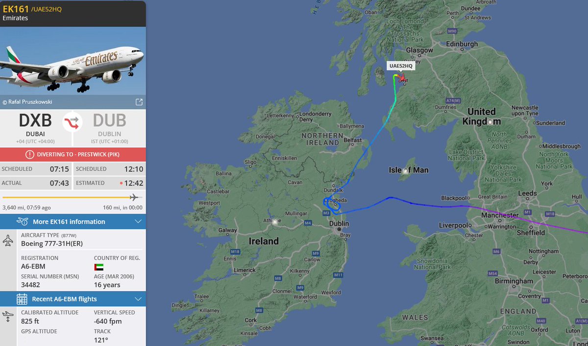 Michaelkelly707's tweet photo. This mornings @emirates flight #EK161 from Dubai to #DublinAirport  has diverted to Glasgow Prestwick https://t.co/f1S0zEgtc9