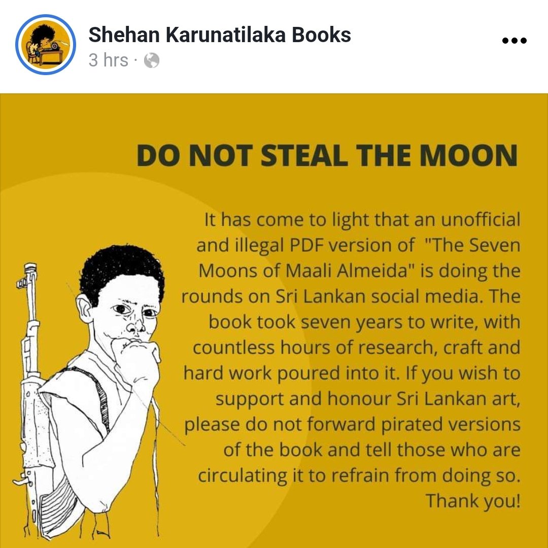 ViranCorea's tweet photo. Those who wish to join in supporting Booker Prize winner @ShehanKaru by refusing to read the pirated PDF version, not forwarding it and actually buying the book, feel free to share this post.

Far better to support such Sri Lankan high achievers than to praise their achievements. https://t.co/Bm5q0wxoRP