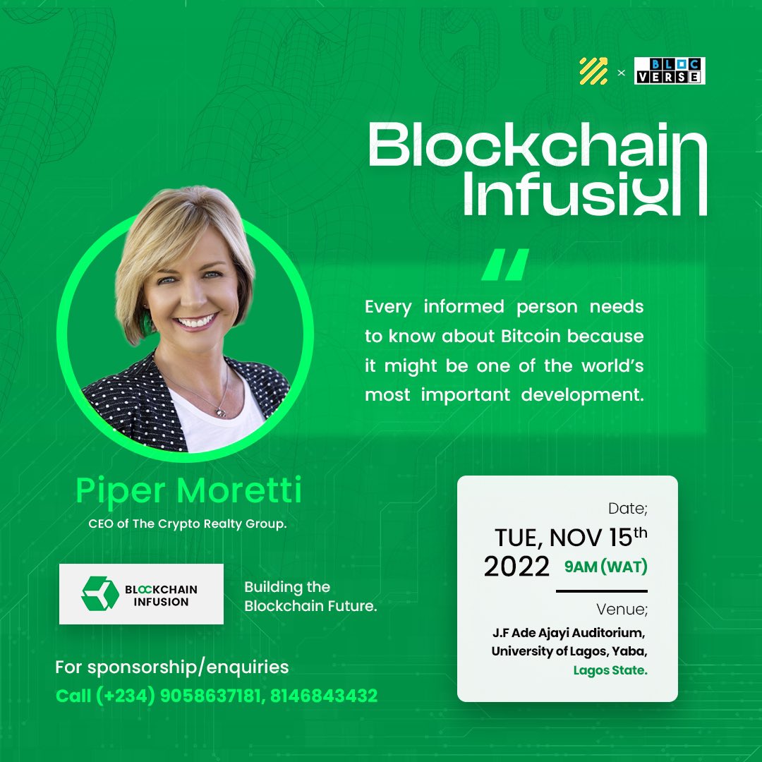 BchainInfusion's tweet photo. Our #WCW goes to @PiperMoretti๐คฉ, a realtor, who uses #Bitcoin which is built on #Blockchain technology for her transactions.
You want to be part of the world's largest development? Prepare to attend #BlockchainInfusion!
15. 11. 22๐
#BlockchainEducation
#BlockchainImpact https://t.co/7RfUJXDBLw