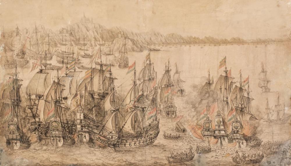 Auctionradar's tweet photo. As dutch school early 17th, This impressive drawing (43,8 x 76 cm) depicting a dutch naval engagement black and grey pen and ink with coloured chalks fetched hp 37x against its lowest estimate. https://t.co/bZrrTLARFN