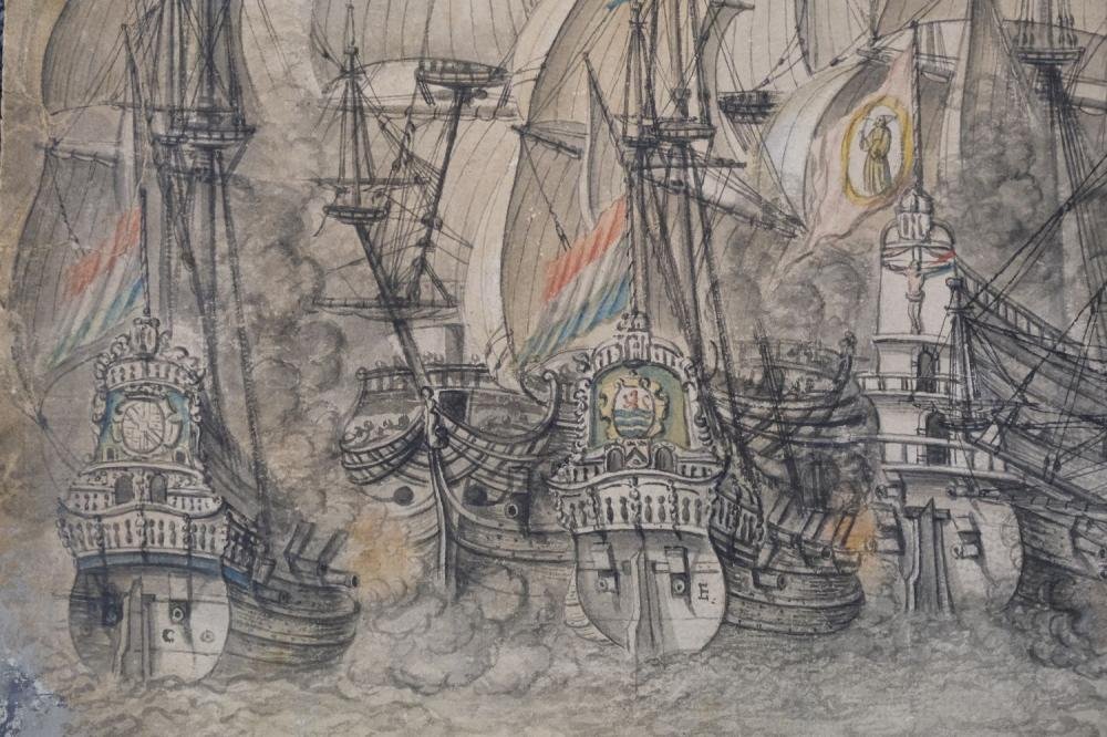 Auctionradar's tweet photo. As dutch school early 17th, This impressive drawing (43,8 x 76 cm) depicting a dutch naval engagement black and grey pen and ink with coloured chalks fetched hp 37x against its lowest estimate. https://t.co/bZrrTLARFN