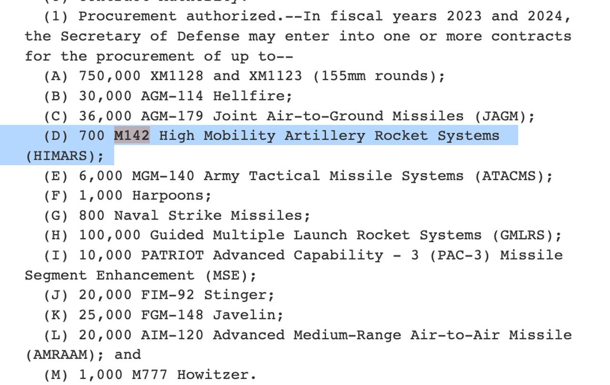 The sheer numbers of armaments requisitioned are consistent with a full-scale war – or even two. The public text of the bill calls for the procurement of 700 HIMARS systems, the long-range missile launchers credited with turning the tide in the war in Ukraine.