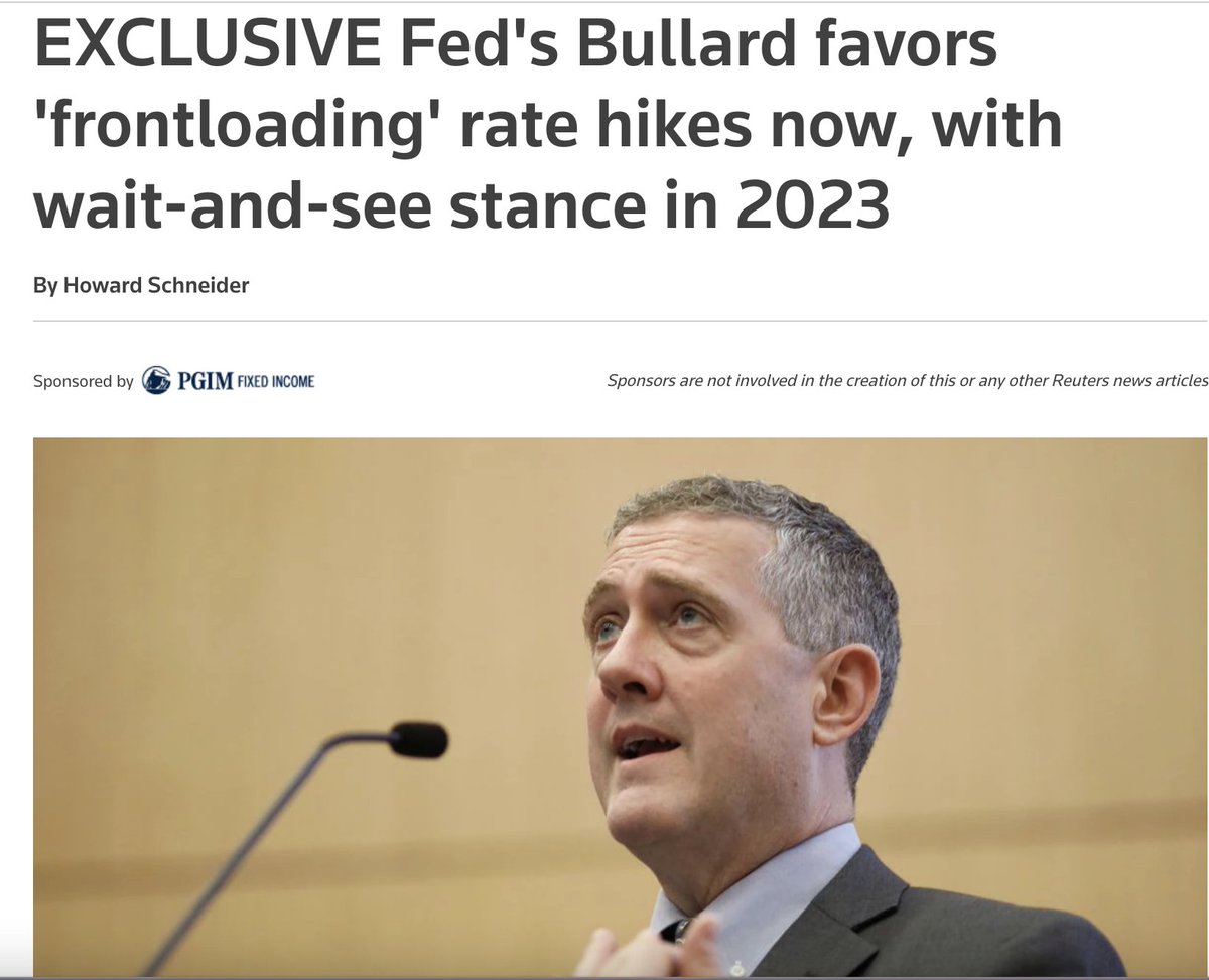 James Bullard heralding PAUSE in '23 and frontloading hikes into year-end '22. Bullard front ran 'tapering' and 'abnormally large hikes', both came to be. Now signaling PAUSE. Will mkts sniff it out? $SPX $SPY $QQQ $NYA $TLT