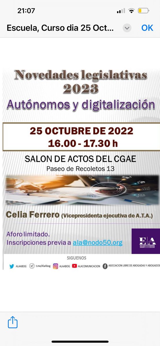 Martes, 24 de octubre en la sede de <a href="/Abogacia_es/">Abogacía Española</a>. 
No os perdáis este curso de rabiosa actualidad para autónomos y profesionales que organiza la escuela de <a href="/AlaAbog/">ALA</a> impartido por <a href="/cferreroromero/">Celia Ferrero</a> vicepresidenta de <a href="/autonomosata/">Fed. Autónomos 𝗔𝗧𝗔</a>