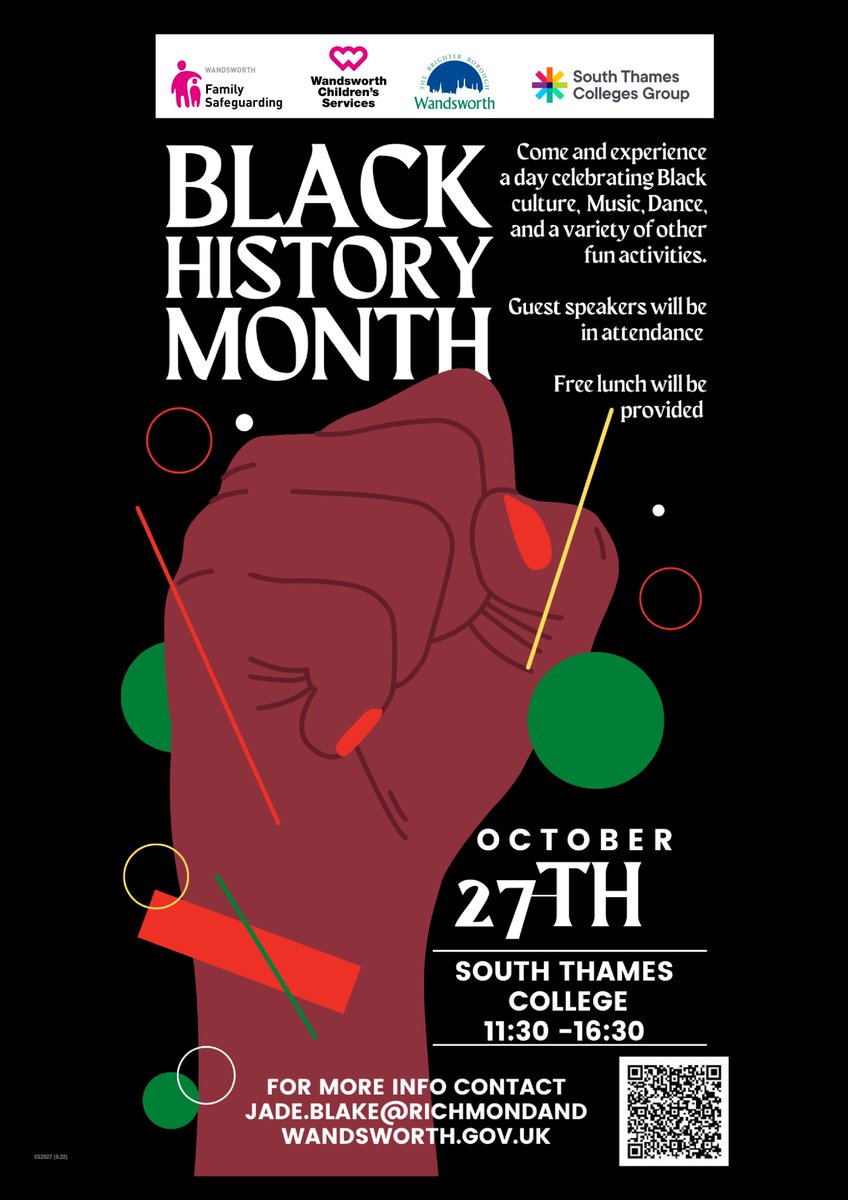 Free event coming up next week! Multiple youth clubs in Wandsworth are coming together to celebrate Black history. 

Hosted by South Thames college, Thursday 27th, 11:30-4:30.

Activities include; African drumming, Barber workshop, Hip-Hop dance, Food tasting etc. 

Please RT