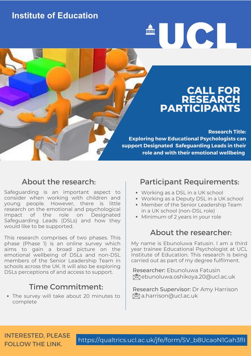 Hi Twitter EPs 👋🏾. I'm seeking participants for my thesis exploring support for DSLs in schools. If you or anyone you know can support this research, please follow (or share) the survey link. Thanks.
qualtrics.ucl.ac.uk/jfe/form/SV_b8…