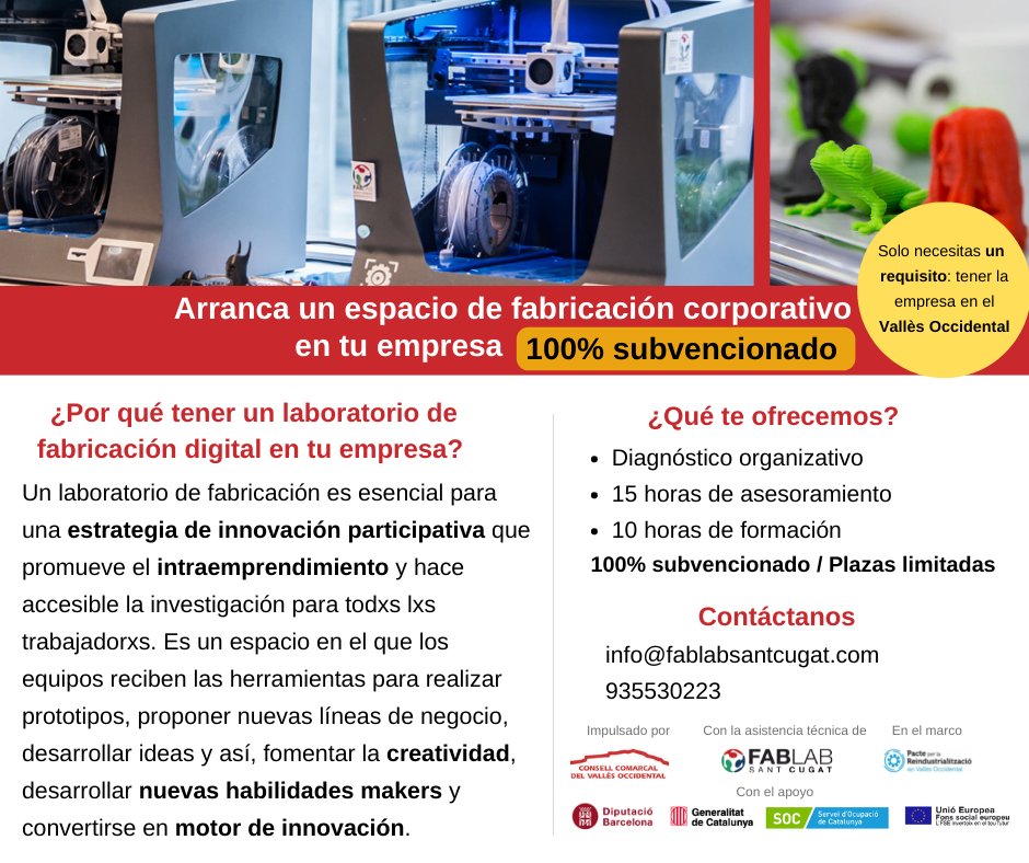 FabLabStQ's tweet photo. 🤔 ¿Trabajas en una empresa del Vallès Occidental?  ✅ Si la respuesta es SÍ este programa 100% subvencionado te interesa. 

Arranca un laboratorio de Fabricación Digital en tu empresa, una herramienta estratégica de innovación participativa.

✉️📲 Contáctanos!
Más info 👇🏻 https://t.co/hrRzKg6TjQ