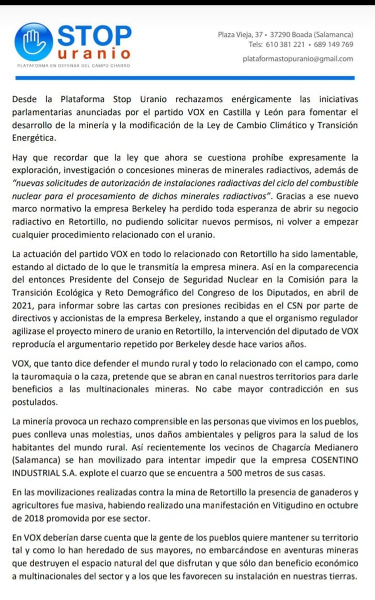 Hemos luchado más de 10 años para que la mayor mina de uranio, no se abra en nuestra tierra y vamos a seguir luchando. 💪💪💪
El campo charro es ganadero, NO minero.

No se especula con nuestra tierra.
<a href="/vox_es/">VOX 🇪🇸</a> <a href="/VOX_Congreso/">Grupo Parlamentario de VOX en el Congreso</a> 
<a href="/jcyl/">Junta de Castilla y León</a>