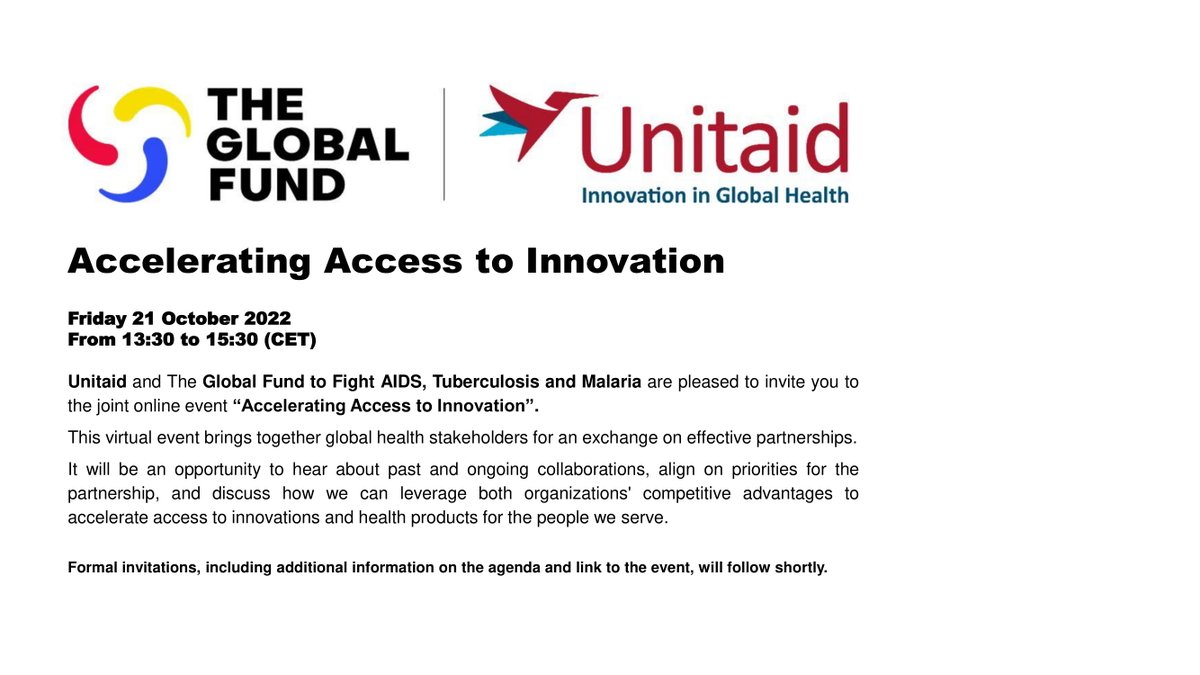 🔊 @Unitaid and the @GlobalFund are hosting a joint online event this Friday 21 October 13:30 to 15:30 (CET) on “Accelerating Access to Innovation” Join the conversation by registering using the link below: theglobalfund.zoom.us/webinar/regist…