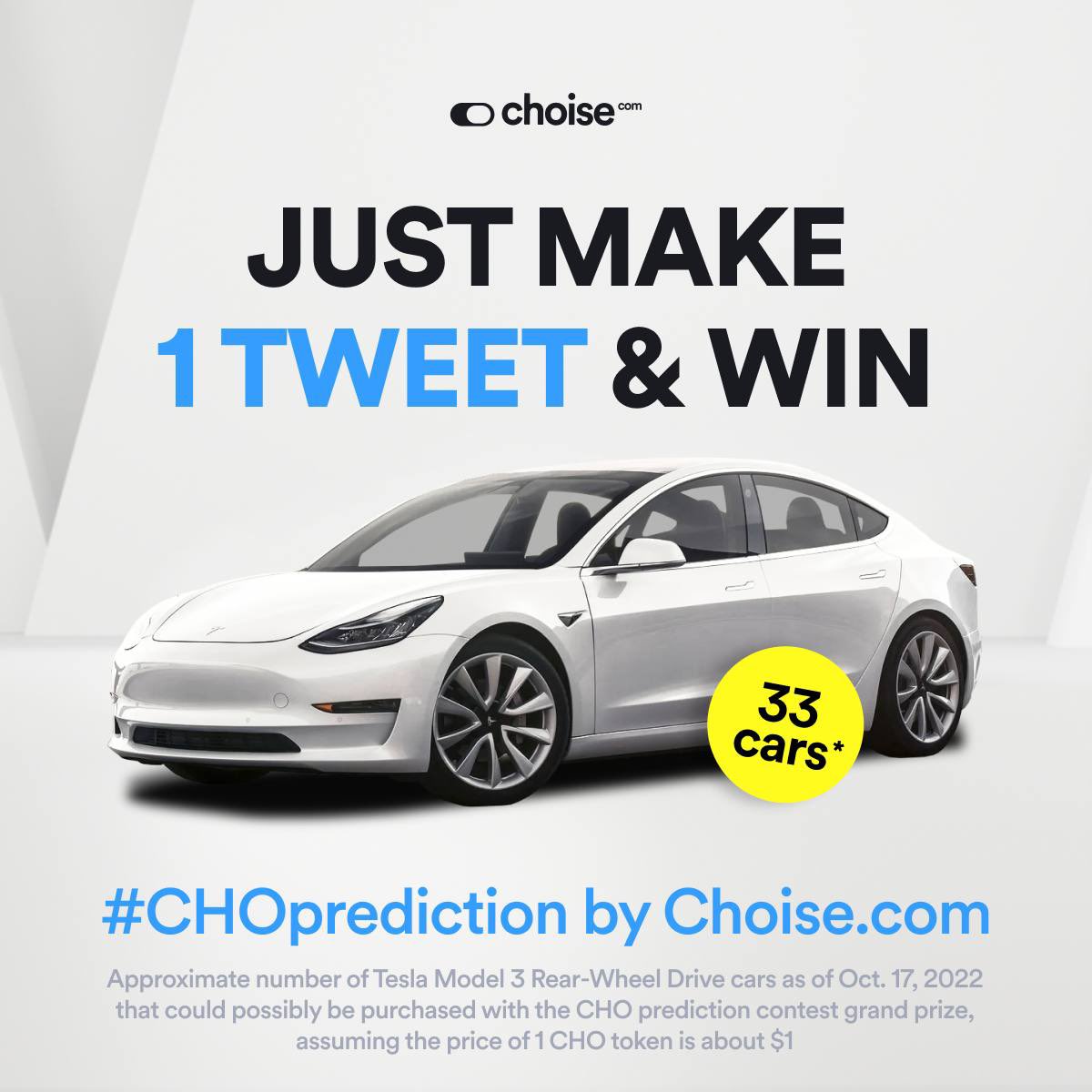 ChoiseAi's tweet photo. So, we did the math and realised...with $CHO prediction contest prize pool, the winners could probably buy themselves about 33 Tesla Model 3 Rear-Wheel Drive cars 😲

That's quite a prize for just one tweet, isn't it?

Make your own prediction and win 👇

https://t.co/LCgO4J0PLT https://t.co/6Z0ZA8Q8fI