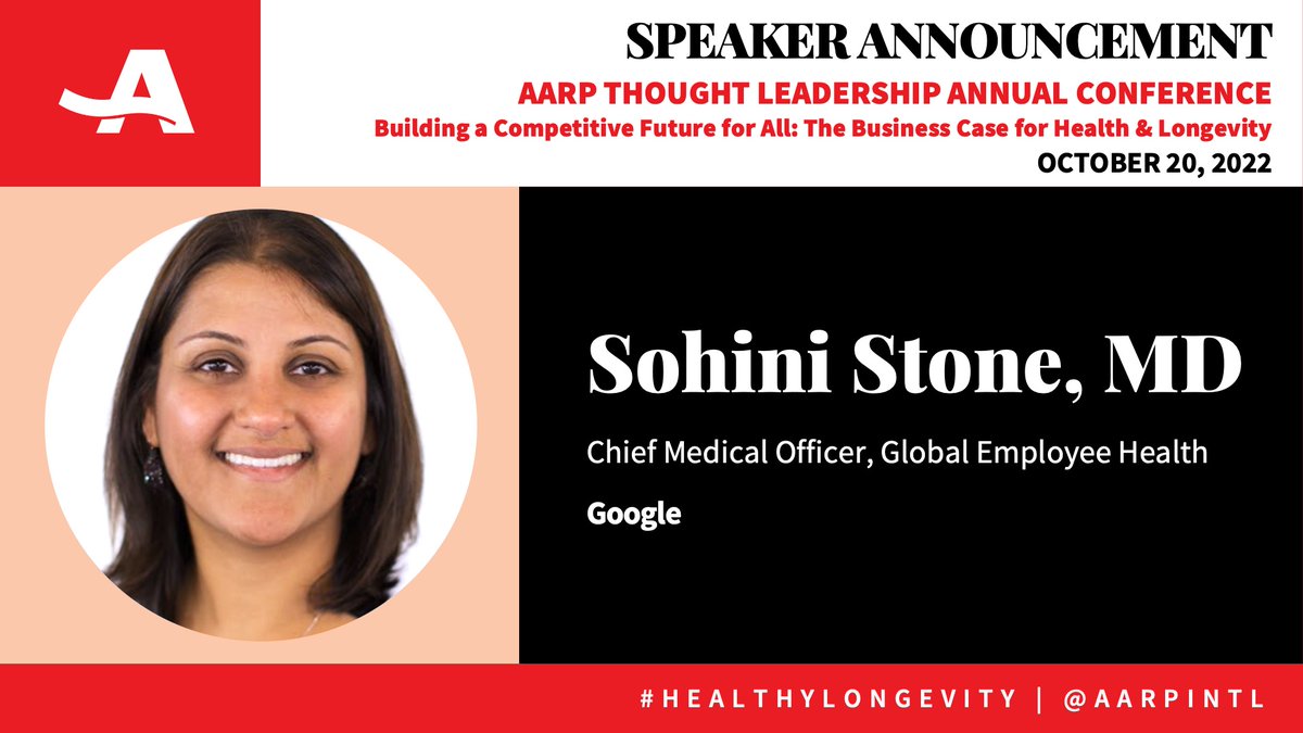 We are thrilled to have <a href="/SohiniStone/">Sohini Stone (she/her)</a>, CMO, Global Employee Health <a href="/Google/">Google</a> speak at our annual conference taking place tomorrow Oct 20! She will share insights on employee experience &amp; the importance of understanding health inequalities #healthylongevity 👉 spr.ly/6010MYKSO