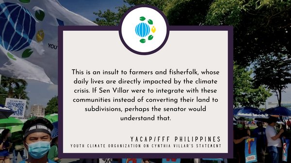 "If Sen. Villar were to integrate with these communities instead of converting their land to subdivisions, perhaps the senator would understand that"

Farmers, fisherfolk, and youth decry Villar's statement that the basic masses do not understand climate change.
