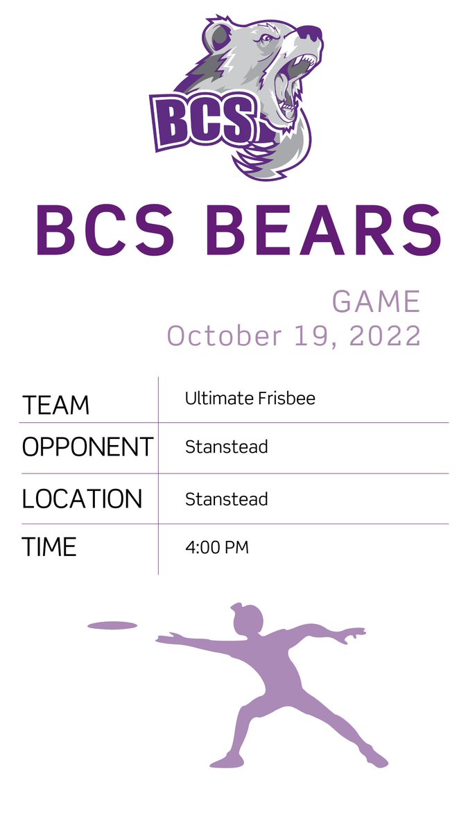 BCS1836's tweet photo. It's the second to last game of the season for our Ultimate Frisbee team today. Good luck, #BCSBears! #BCS1836Athletics https://t.co/lSNqhJ7IMq