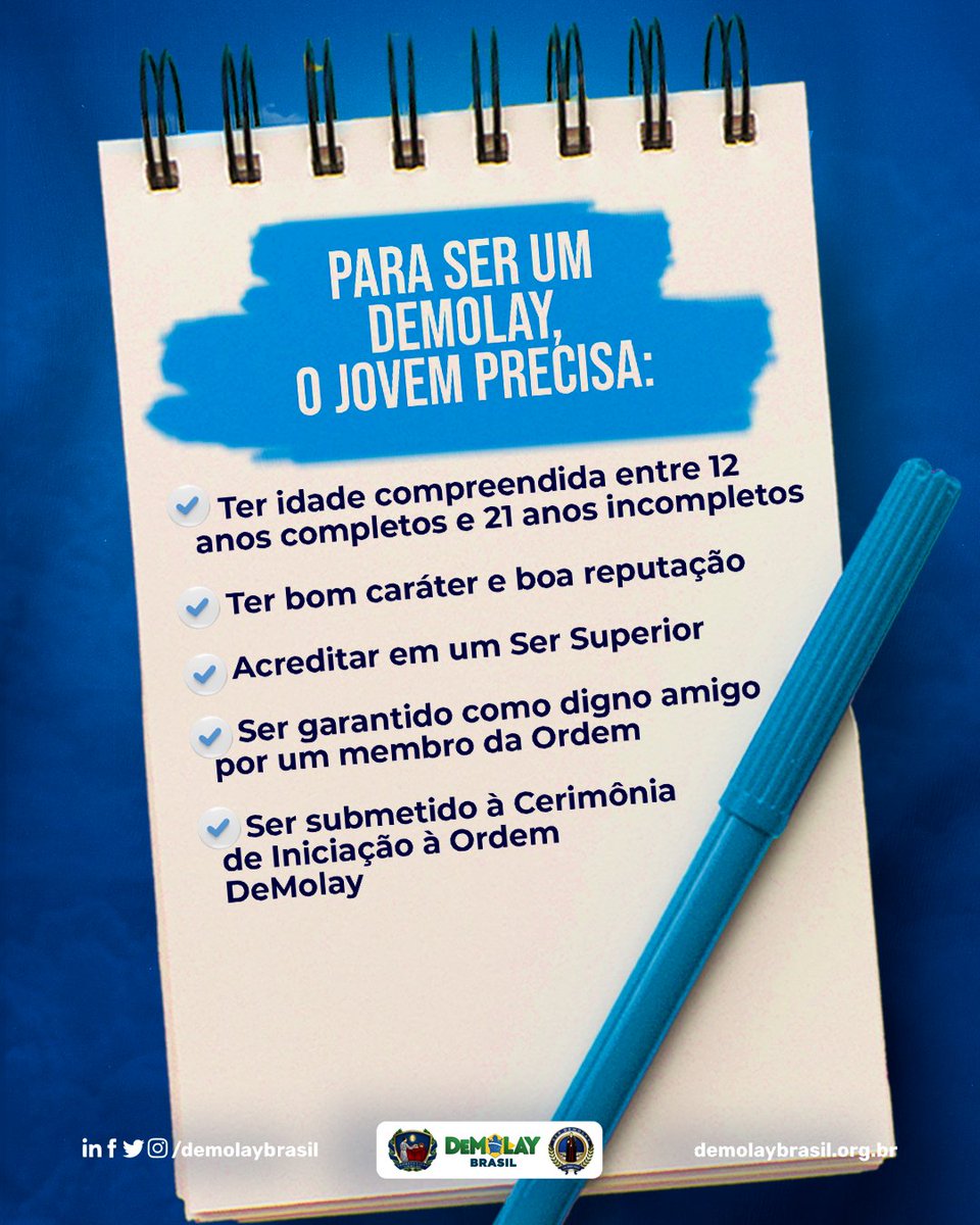 DeMolayBrasil's tweet photo. Para ser um DeMolay é preciso iniciar na primeira Cerimônia que compõe toda a jornada pedagógica do jovem na fraternidade.  E antes de iniciar, é preciso que o jovem cumpra com alguns requisitos importantíssimos.

Acesse https://t.co/1iaYs85UED https://t.co/y4T7BfyXtB