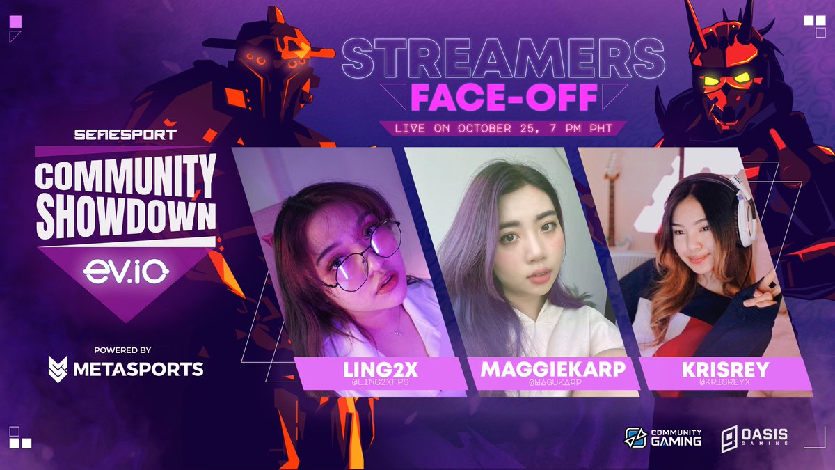🚨Mark your calendars for ComShow EV.IO: Streamers Face-Off brought to you by @cgsea_ this Oct 25!🗓️

We’ve challenged <a href="/OasisGaming_GG/">OASIS</a>'s <a href="/Ling2XFPS/">Ling2x 🐉</a>🆚<a href="/krisreyx/">krisrey ♡₊</a> to a <a href="/play_evio/">ev.io</a> showmatch!🤼

Hosted by <a href="/magukarp/">maggiekarp</a>, this battle will put their FPS skills to the test!🔫