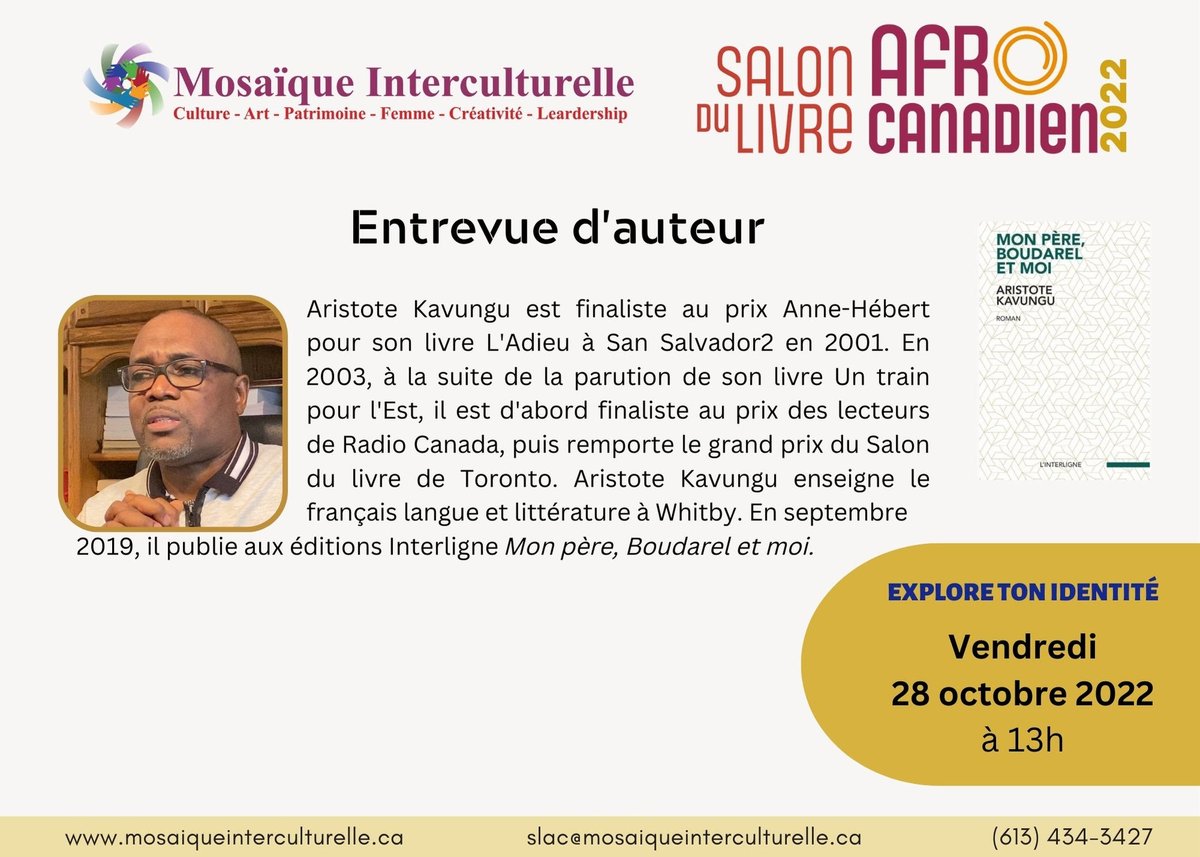 mosaculturelle's tweet photo. ✨Salon du livre afro-canadien 2022✨
Entrevue d'auteur avec le président du SLAC 2022: Aristote Kavungu.
Les invité.e.s d’honneur internationaux:
Djaïli Amadou Amal (Cameroun)
Jean-Marie Théodat (Haïti)
#slac2022 #mi5ans https://t.co/VxlD6NJd3k
