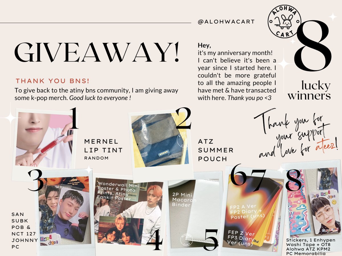 alohwacart's tweet photo. 『 ATEEZ KPOP MERCH 
GIVEAWAY! • ph only 』

🏁 —— 8 WINNERS

Hi filotinys! 
Get a chance to win mernel lip tint, atz summer pouch..and MORE prizes for YOU 🤍

— rt, like &amp; mbf
— reply with ur fave photo of ur atz bias + tag a friend 🫶🏻 optional
— ends: 10/24, 12AM
#alohwagifts https://t.co/d01koUp1pc