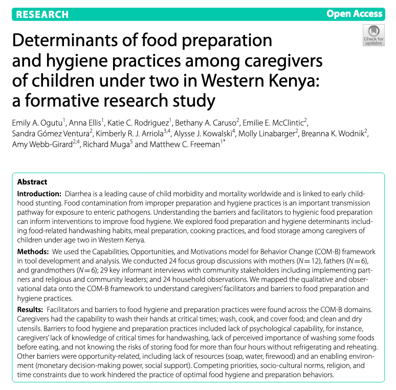 New from <a href="/EmilyOgutu2/">Emily Ogutu</a> on food hygiene behavior in Kenya: 

Knowledge is part of the issue, but resources and enabling environment also key.

Theory-based formative research is essential for lesser-studied behaviors or those significantly affected by context. 

#WASHTwitter