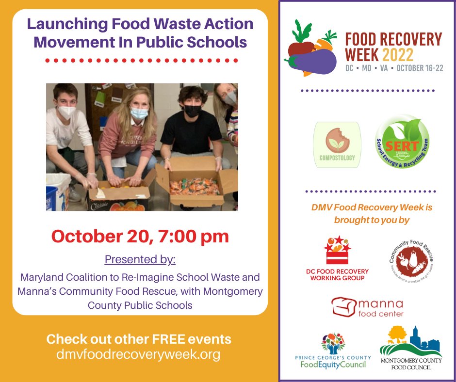 pgcfec's tweet photo. TOMORROW! Learn from @compostologymd and @sertrecycling about efforts to create a waste-conscious public school system and advocate for new food waste legislation. Register at https://t.co/MNaTy7rjEe to join us on Oct 20.

#DMVFoodRecoveryWeek https://t.co/6epscJPcTr