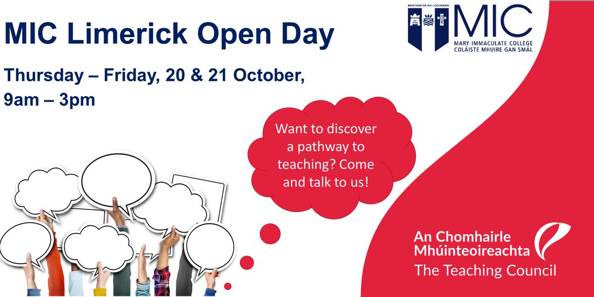 Are you interested in becoming a teacher? The Teaching Council will be at MIC Limerick Open Day, Thursday and Friday, 20 & 21 October, to discuss pathways to teaching with you. @MICLimerick @Education_Ire @DeptofFHed