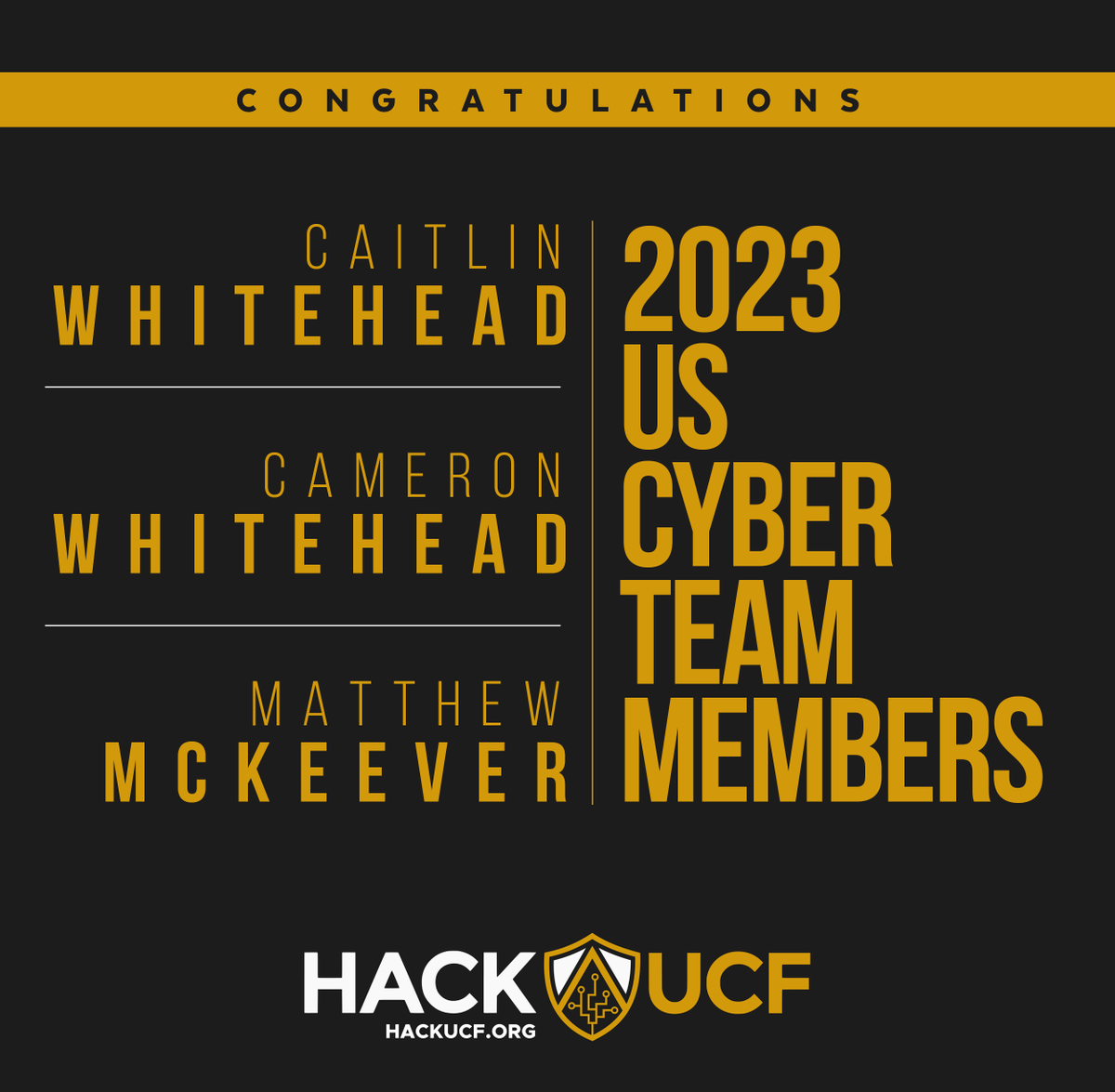 CyberSecurityFL's tweet photo. Join us in congratulating Caitlin, Cameron, and Matt, the three #HackUCF students drafted for the US Cyber Team. Over 1,200 athletes competed in Season II, US Cyber Open, after which the top 85 athletes were invited to train and compete in the US Cyber Combine Invitational. https://t.co/u2oIFGk8DV