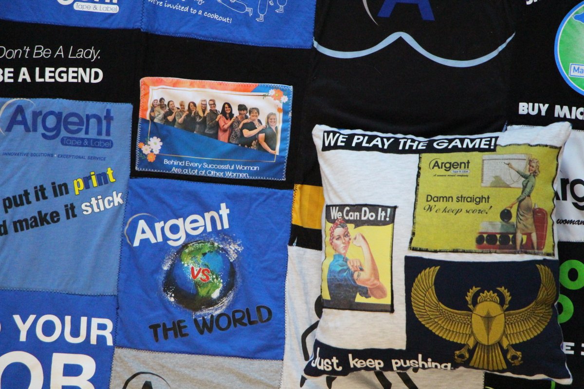 ArgentLabel's tweet photo. What would you do with the old t-shirts you don't wear anymore? One of our fabulous CSRs, Kellie, made a pillow and blanket out of old Argent gear. Thank you, Kellie; we are so fortunate to have you on the ATL team! #argenttapeandlabel #wbenc #glwbc #recycling #upcycling #sewing https://t.co/kNMj3HP8RQ