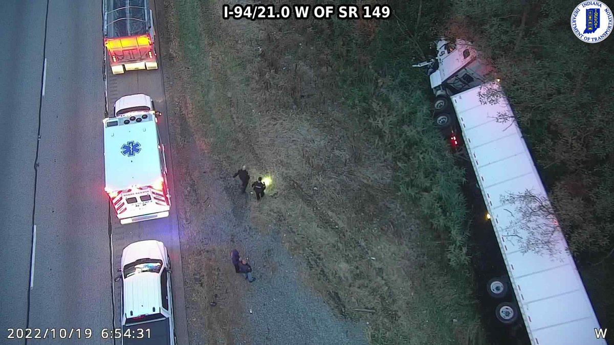 WBBM1059Traffic's tweet photo. On WB I-94 inBurns Harbor there is a semi in a ditch just past US 20 as seen on @INDOTNorthwest cameras. Emergency crews are blocking the right shoulder. @WBBMNewsradio #ChicagoTraffic #IndianaTraffic https://t.co/JgOzuAANb9