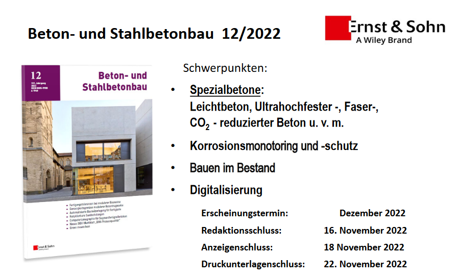 Spezialbeton, Leichtbeton, Ultrahochfester-, Faser- und CO2-reduzierter #Beton Bauen im Bestand, #Korrosionschutz und die #Digitalisierung  sind die Dezember Schwerpunkte der Ernst &amp; Sohn Fachzeitschrift Beton-und Stahlbetonbau 12-2022. ernst-und-sohn.de/sites/default/…