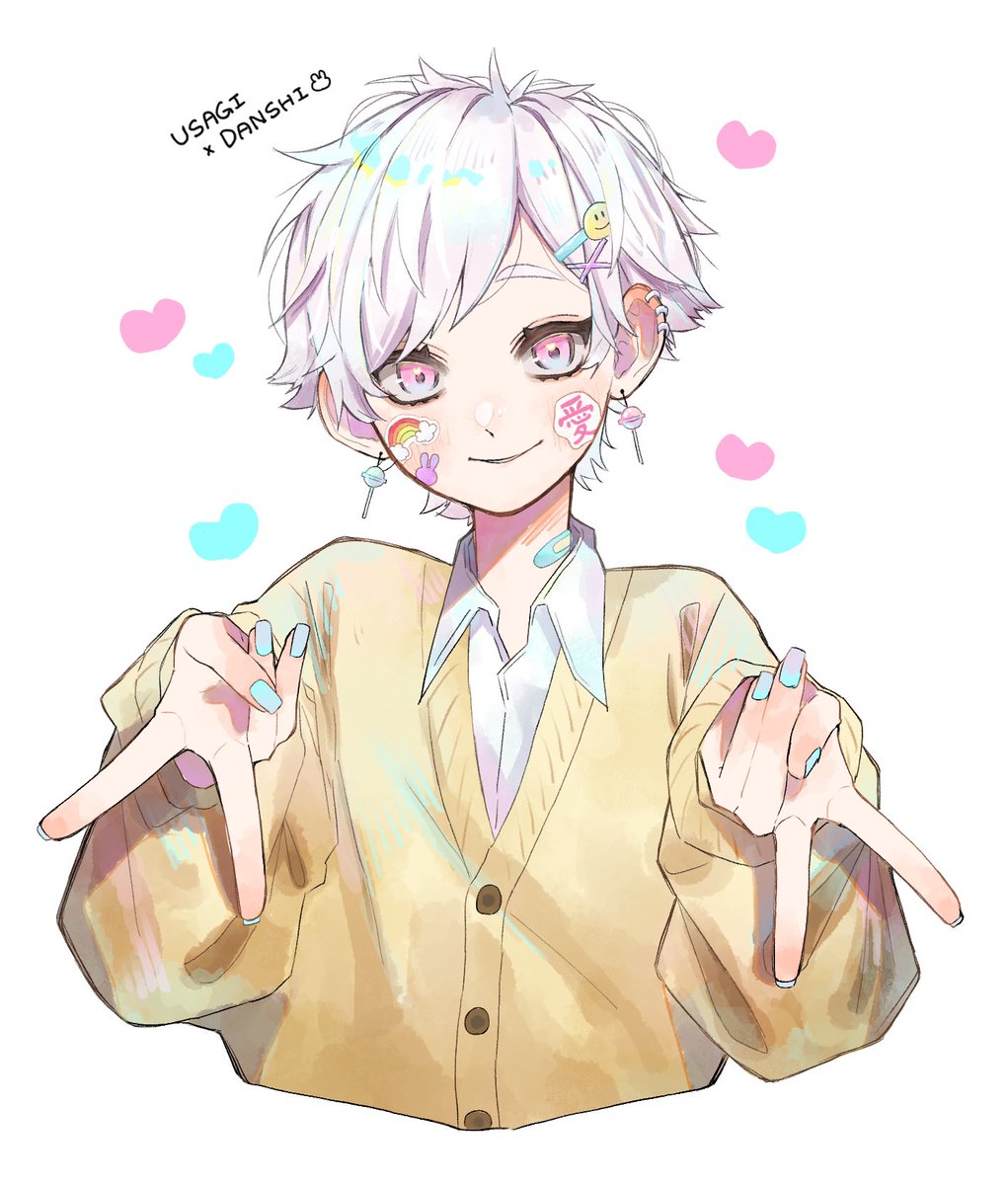 1boy male focus bandaid white hair jewelry pink eyes smile  illustration images