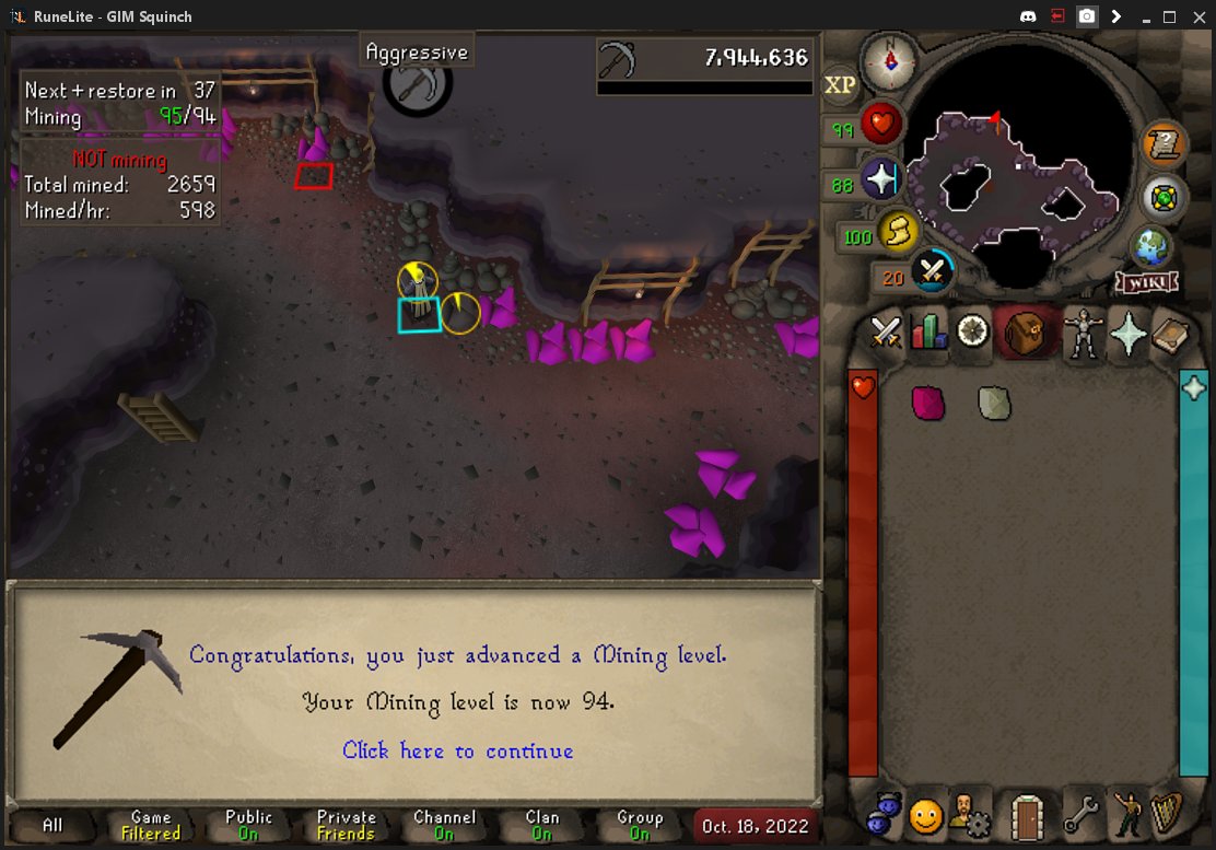 SirSquinch's tweet photo. 94 mining on GIM Squinch. 2236 total level! One month to max or we fail our challenge. Have to really step it up. #Dynamic_Dolo #2mansolo #gim https://t.co/sh9BQQP6TO