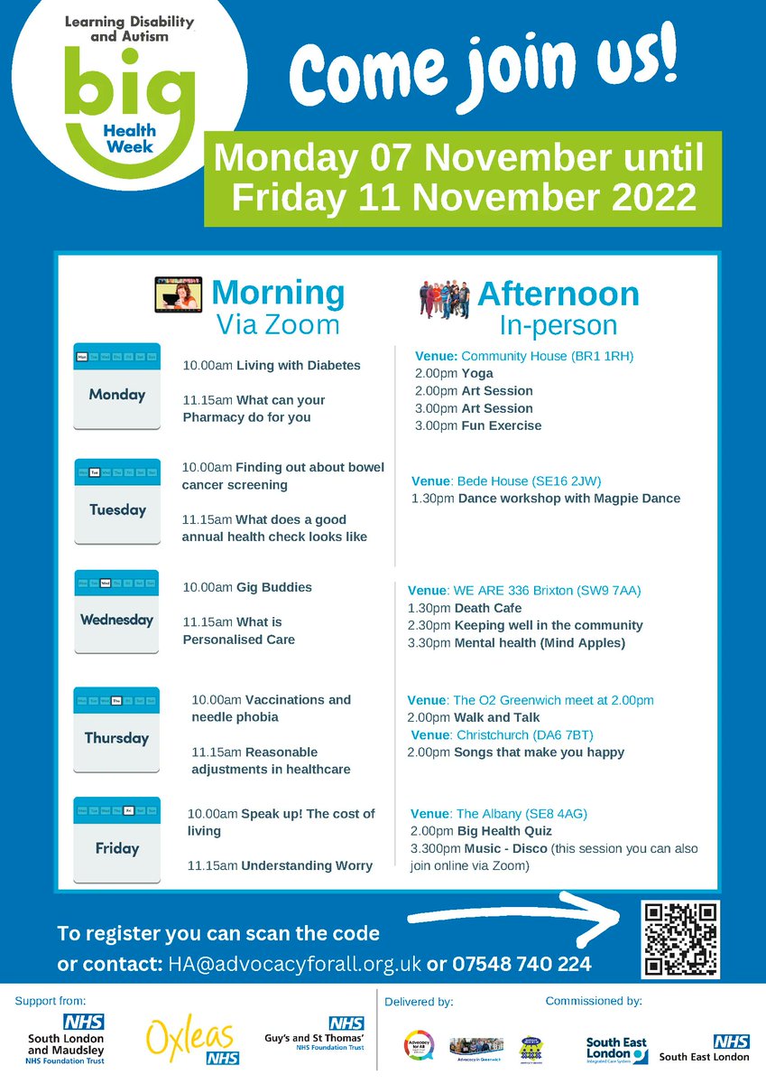 Come along to the Learning Disability and Autism Big Health Week ⬇️
This takes place from 7-11 November online and in person. To register for this free event, email HA@advocacyforall.org.uk or telephone 07548 740 224.  

#LearningDisabilityBigHealthWeek