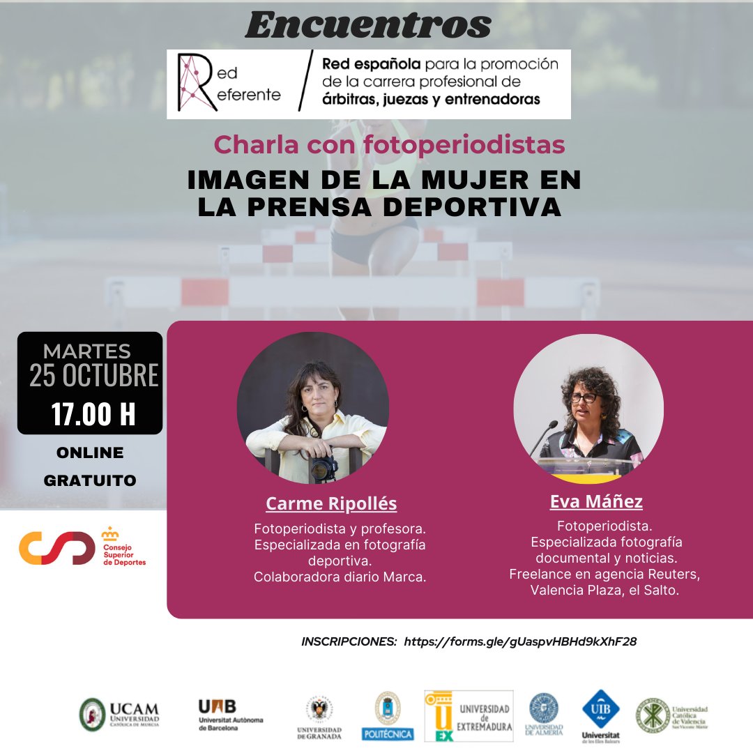 RedReferente's tweet image. 🗣🔊Nuevo ENCUENTRO @RedReferente✅️ Martes 25 octubre, 17.00 horas. Charla con fotoperiodistas expertas en fotografía deportiva sobre la imagen de la mujer en la prensa deportiva ➡️Reserva tu plaza:forms.gle/1sAJFp57Ls4Yft… ⬅️ Te esperamos‼️ @deportegob