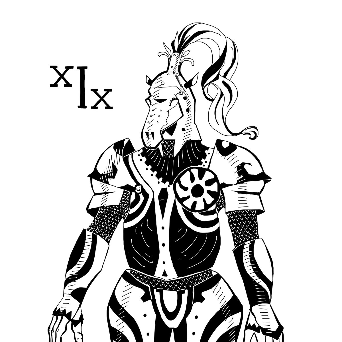 Xernist's tweet photo. >> PONYTAIL << My entry I made for #inktober day 19 in 2022.  #digitalart #DigitalArtist #illustration #blackandwhite #horse #knight #armor #krita https://t.co/tJWkHOQDIa