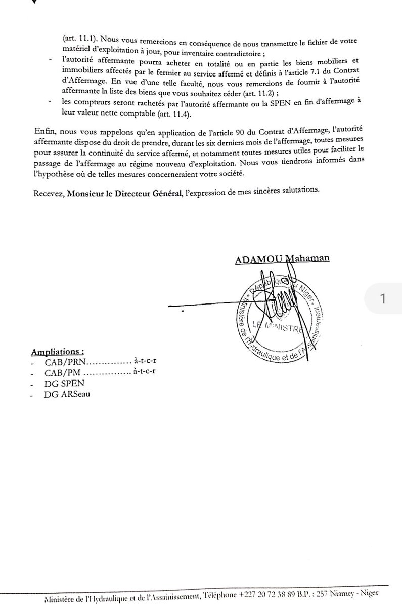 Comme annoncé par <a href="/Africa_In_FR/">Africa Intelligence</a> le 14.09.22,<a href="/mohamedbazoum/">Mohamed Bazoum</a> a, en représailles, résilié le contrat d'affermage de la SEEN. Malgré ses menaces et coups bas, je continuerai mon combat contre son régime usurpé  au nom des Nigériens pour qui la DIGNITÉ et la PAROLE DONNÉE ont un sens.