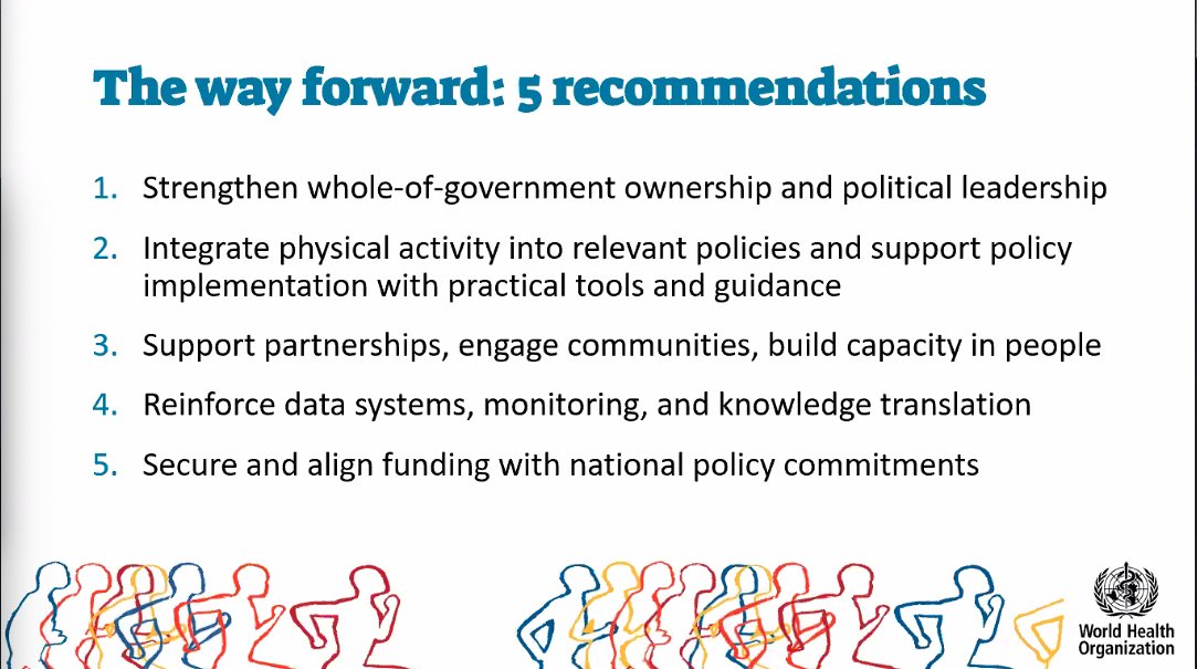 🚨 5 key recommendations from the <a href="/WHO/">World Health Organization (WHO)</a> Launch of the Global Status Report on Physical Activity for reaching the global target of 15% reduction in physical inactivity ⬇️