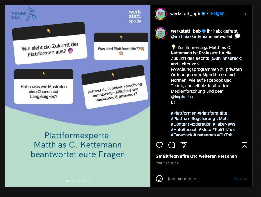 MCKettemann's tweet photo. Für die Bundeszentrale Politische Bildung mach ich auf @instagram ein Q&amp;A über die Zukunft der Plattformen: Fragen dazu?Jederzeit! (Mit kleinen Einblicken auf meine Forschungen an der @uniinnsbruck  @futurelawUIBK, @BredowInstitut  und @hiig_berlin:  https://t.co/1Iy7c15Rtl https://t.co/OkQrcWgqL4