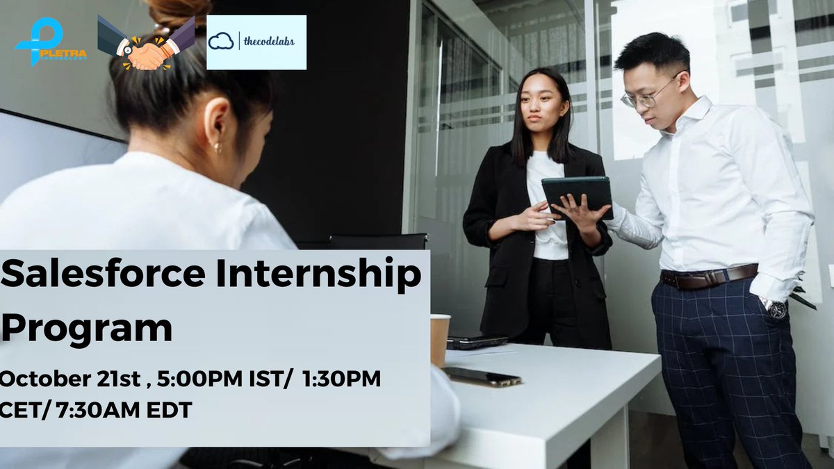 Pletratech1's tweet image. PletraTech proud to collaborate with theCodeLabs to launch an internship program for energetic and talented candidates (2020 pass out onwards Candidates) in partnership with theCodeLabs.

Register here to attend this session bit.ly/3dPk8Vw

#pletra #sfdctraining