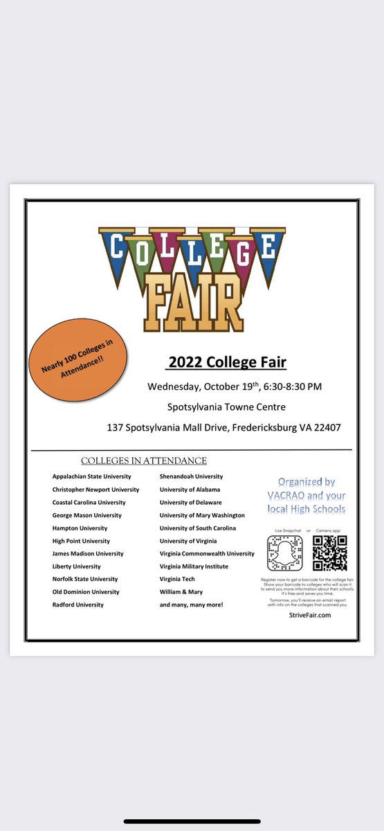 Come join us tonight at the Fredericksburg Area College Fair from 6:30-8:30!