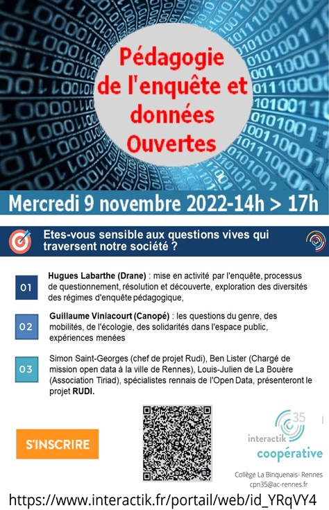 Une formation sur l'Open Data : pédagogie de l'enquête et données ouvertes, mercredi  9 novembre, 14-17h, cpn35 <a href="/ChristineBac29/">Christine Bac</a> <a href="/HuguesLabarthe/">Hugues Labarthe</a>
@GuiVinPLAY @canope_35 @ThierryJoffredo