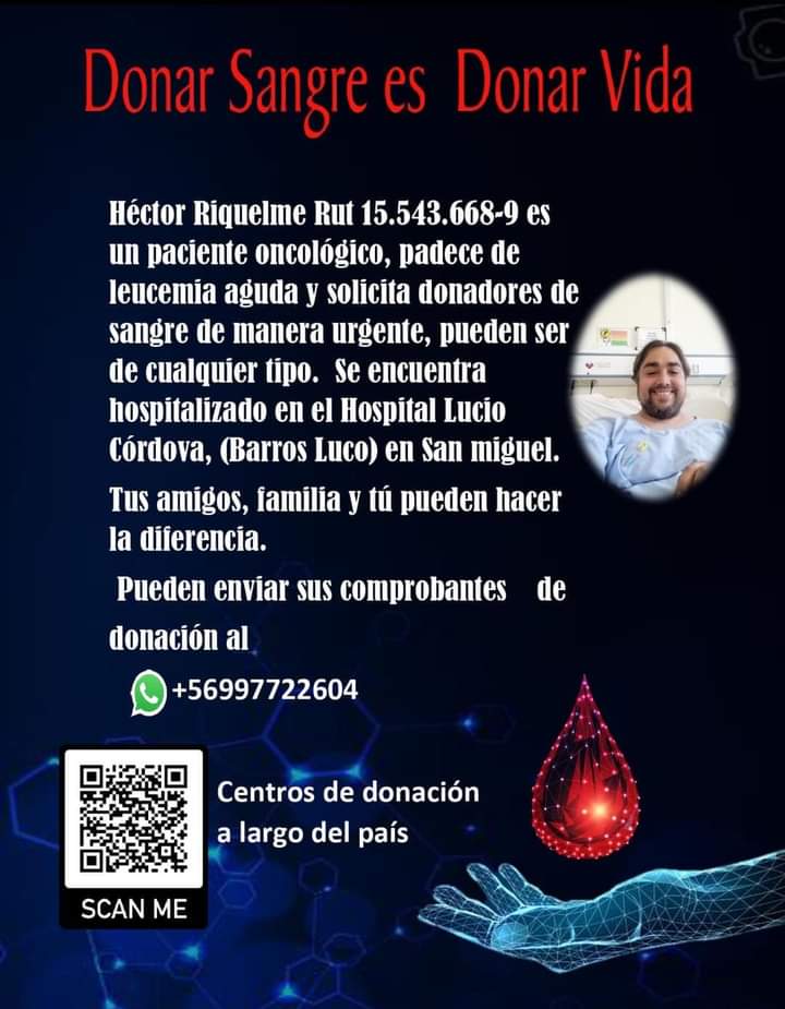 RaulAPinto's tweet photo. Mi amigo de la infancia y de toda la vida, Héctor Riquelme, esposo y padre de tres niñas, tiene leucemia aguda y necesita dadores de sangre urgente en Santiago de Chile. Se agradece un retuit y más aún, el ir a donar. Gracias! https://t.co/lITP8h2FBa