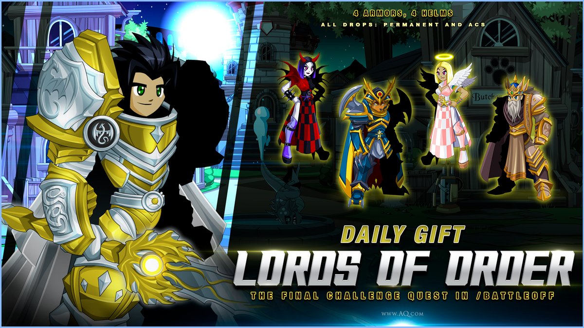Tuesday's Daily Gifts are here! Talk to Mirror Drakath in /battleoff + complete "The Final Challenge" daily quest to collect pieces of our first four Lord of Order sets (as shown in the Shadows of Chaos Saga) Return each day for a new gift at AQ.com #AQWDailyGift