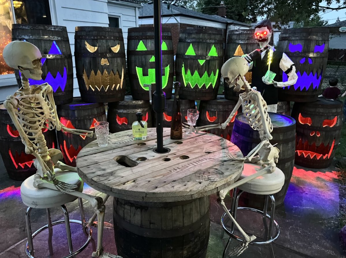 Stadanko's tweet photo. @RobinMeade This is my Dead Man’s Party with Oak Barrel Jack-O-Lanterns made by BespOak Barrels. https://t.co/leBo2Rty3O