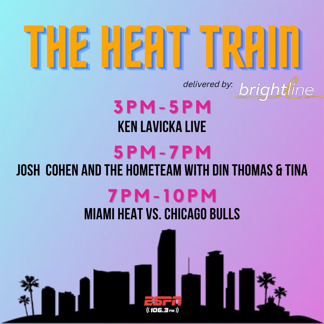 HAPPY @MiamiHEAT REGULAR SEASON HOME OPENER DAY! We’ve got 7️⃣ hours of #HEAT today! -@KLV1063, @LabanowitzStone and @GinetteandJuice 3-5pm -@JoshOnAir, @TinaHomeTeam and @TheeRickAnkiel from 5-7pm -@TheoDorseyTV and @CyWittig on a Buzzer Beater Game coverage starts at 7pm 🏀