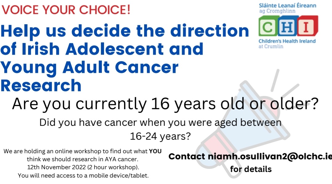 🧪#AYACancer research opportunity!

We would like to know what Irish #AYAs think is most important to research #AYACancer.

If you would like to take part, see below! 

Please share widely 🇮🇪