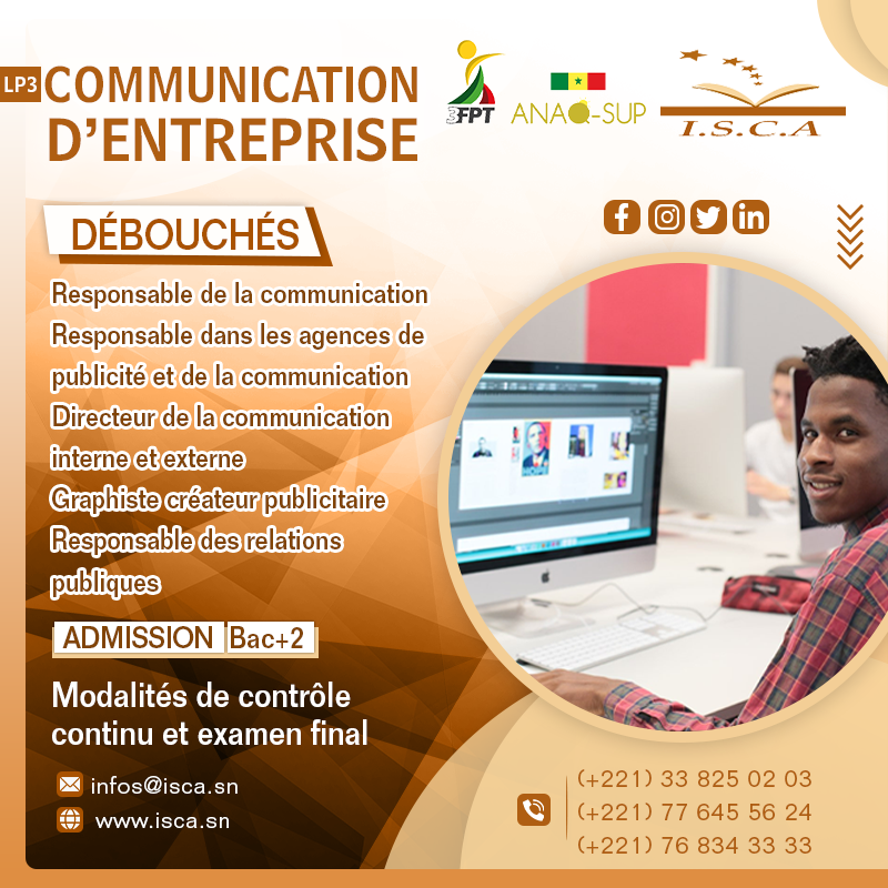 IscaDakar's tweet photo. [ Rentrée Novembre 2022: Inscriptions ouvertes]
La licence professionnelle en communication d'entreprise prépare à l’exercice de la communication dans les organisations à vocation diverses; association, institutions politique ou sociale.
Lien d'inscription https://t.co/3NMNsenoyC https://t.co/BdwbiPkIDJ