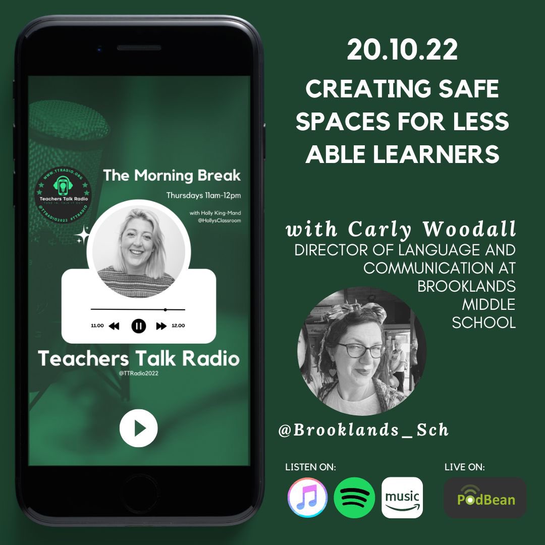 BrooklandsEng's tweet photo. Listen to Holly’s show tomorrow as our very own Miss Woodall joins her to discuss creating safe spaces for less able learners! 🤩 https://t.co/sbXNzFCfGy