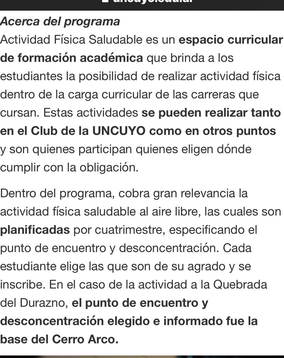 “los participantes eligen” es mentira, como requisito para aprobar una materia te exigen cumplir con la salida, encima eligiendo como punto de concentración el cerro arco siendo bastante obvio que no todos tienen los medios para llegar y existiendo además pronóstico meteorológico
