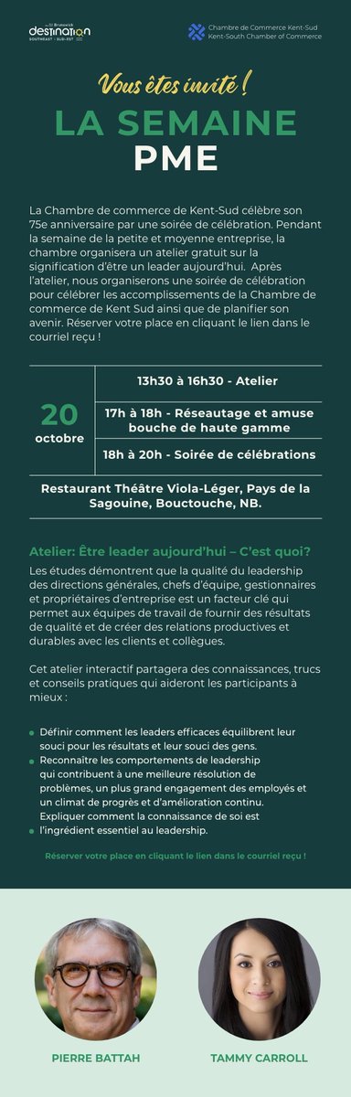 Tellement hâte de célébrer la semaine de la petite entreprise avec une célébration du 75e de la Chambre de commerce Kent Sud avec ma super collègue Tammy Carroll PhD Atelier gratuit, inscription lnkd.in/eaxS3g_U #bdcspme #ressourceshumaines #leadership #gestionnaire