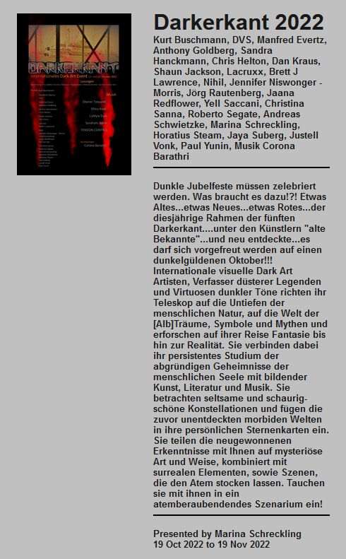Wer die #Darkerkant in diesem Jahr verpasst hat, muss zumindest nicht auf die Ausstellung verzichten. Bis zum 19. #November gibt´s den virtuellen Rundgang unten im link...Ich wünsche düsteres Vergnügen!!! 👿
artavita.com/virtual_exhibi…