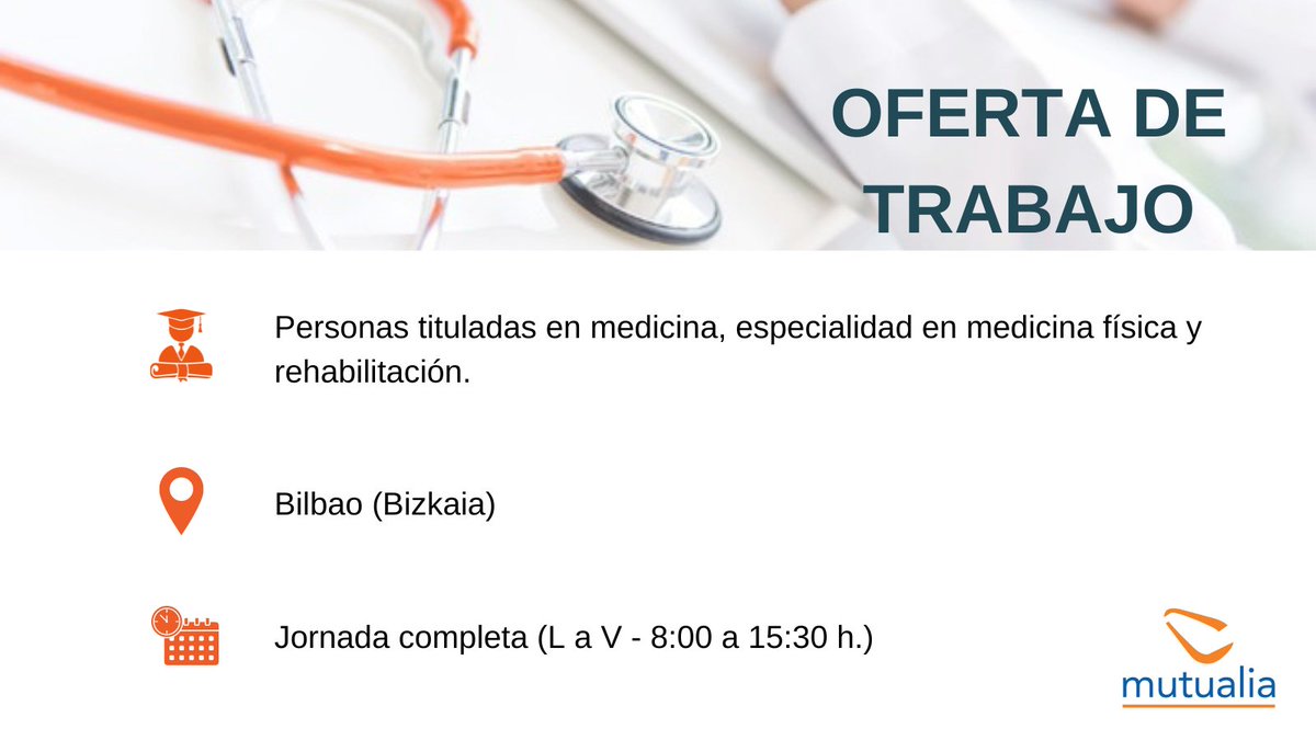 mutualiamutua's tweet photo. 📌¿Quieres trabajar con nosotros?

👩‍⚕️👨‍⚕️Necesitamos persona titulada en medicina, con especialidad en medicina física y rehabilitación para incorporación a #ClinicaErcillaMutualia y centros asistenciales de Bizkaia.

▶️https://t.co/cnudsspgUS
#ofertasdeempleo #empleos https://t.co/r1ugldcZFN